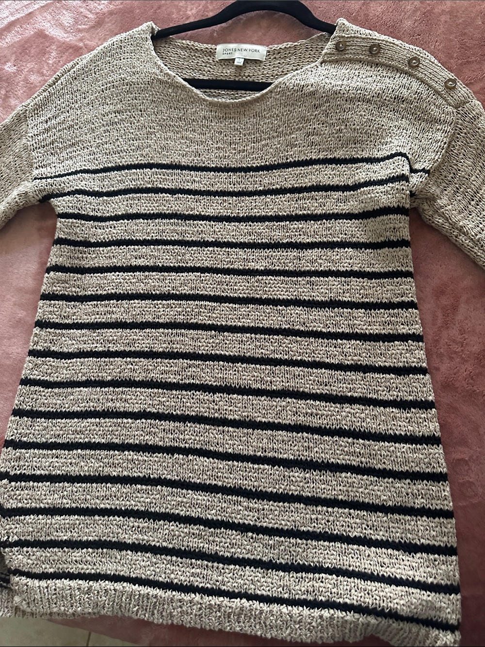 Jones New York Cream and Black Striped Scoopneck Sweater with Shoulder Buttons